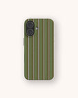 Olive Pinstripe Eco-Friendly Biodegradable Phone Case in olive green with thin vertical white and brown stripes.