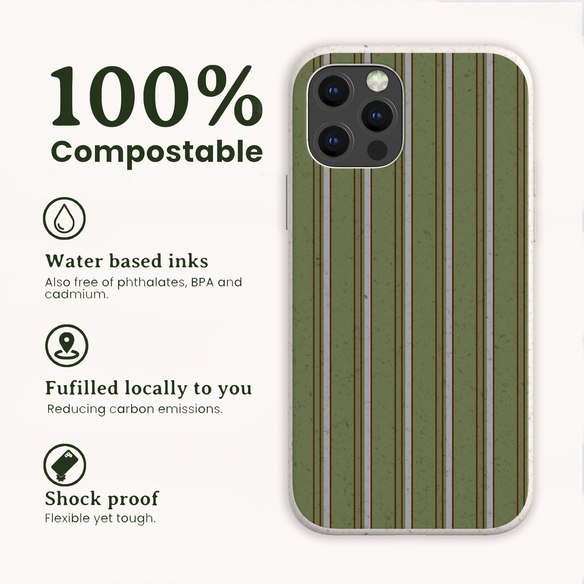 An Olive Pinstripe Eco-Friendly Biodegradable Phone Case with a green and white pinstripe pattern, next to text highlighting its 100% compostable and shock-proof features.