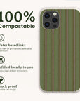 An Olive Pinstripe Eco-Friendly Biodegradable Phone Case with a green and white pinstripe pattern, next to text highlighting its 100% compostable and shock-proof features.