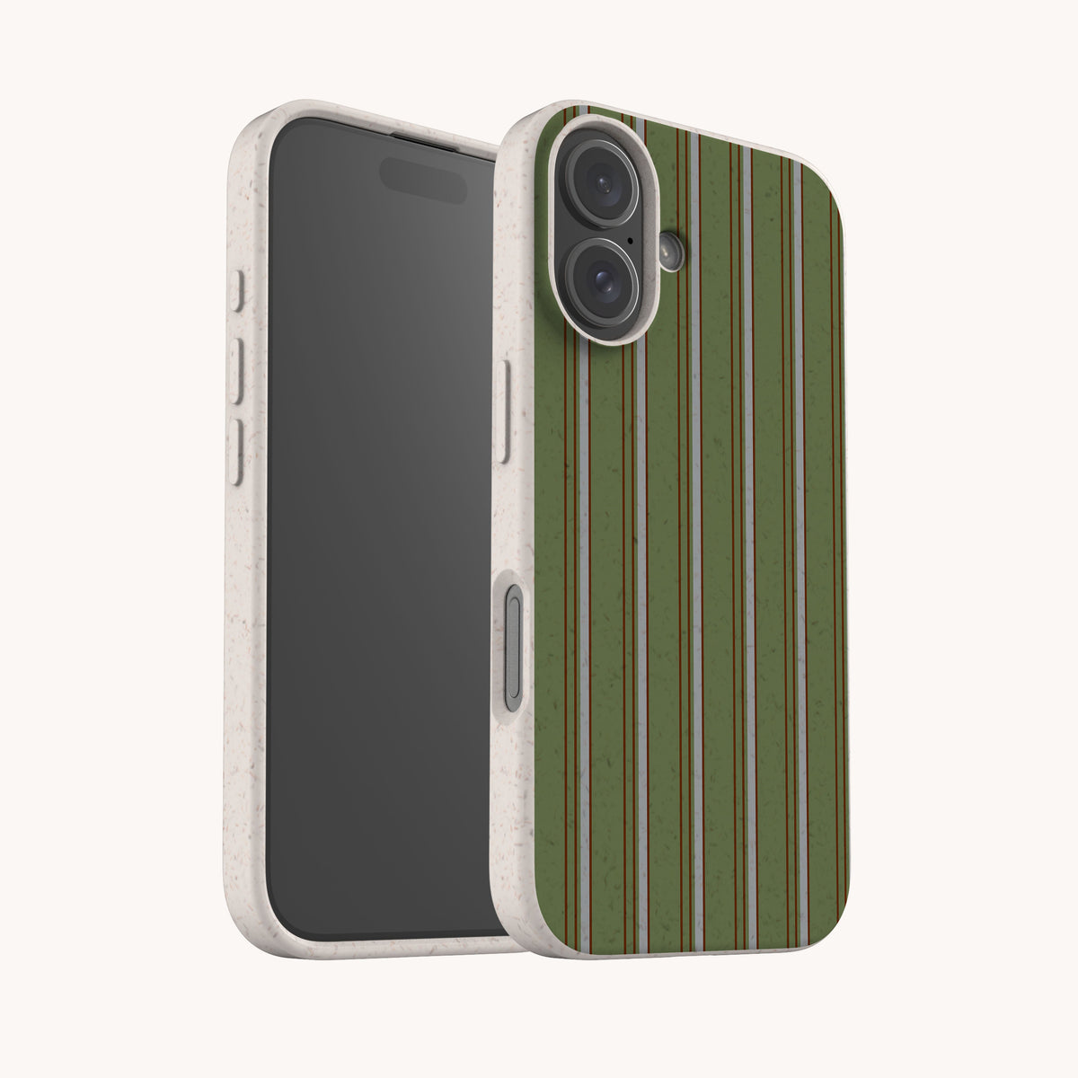 Olive Pinstripe Eco-Friendly Biodegradable Phone Case with a speckled, light-colored body and a green, vertical striped back panel.