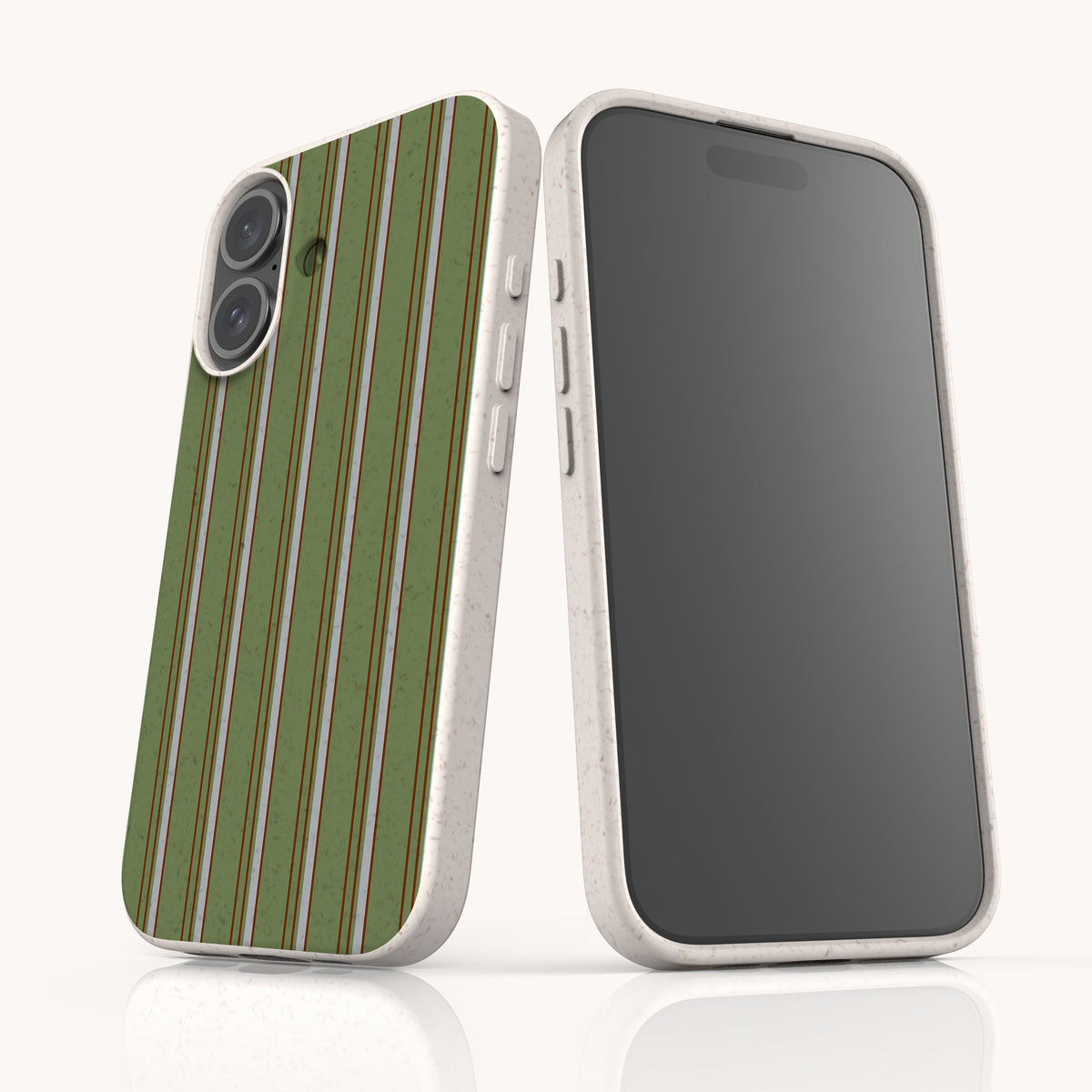 Two Olive Pinstripe Eco-Friendly Biodegradable Phone cases with speckled, light-colored frames, one showing the green pinstripe back and the other showing an empty front screen.