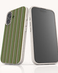 Two Olive Pinstripe Eco-Friendly Biodegradable Phone cases with speckled, light-colored frames, one showing the green pinstripe back and the other showing an empty front screen.