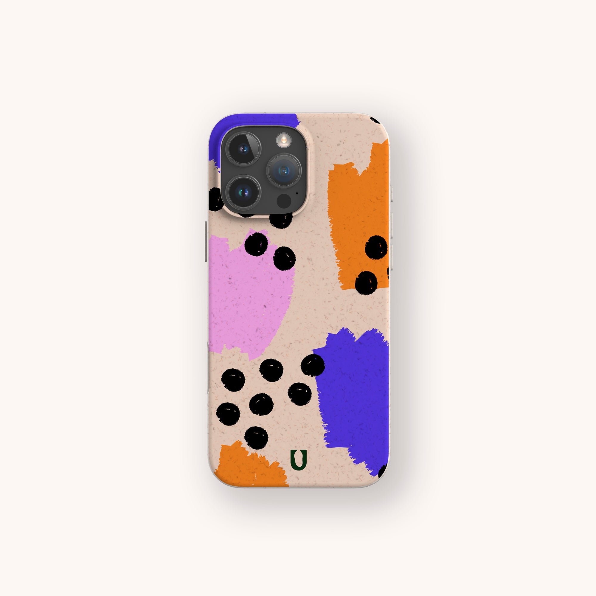 Memphis biodegradable phone case on iPhone 17 featuring colourful abstract shapes and matte eco-friendly finish.