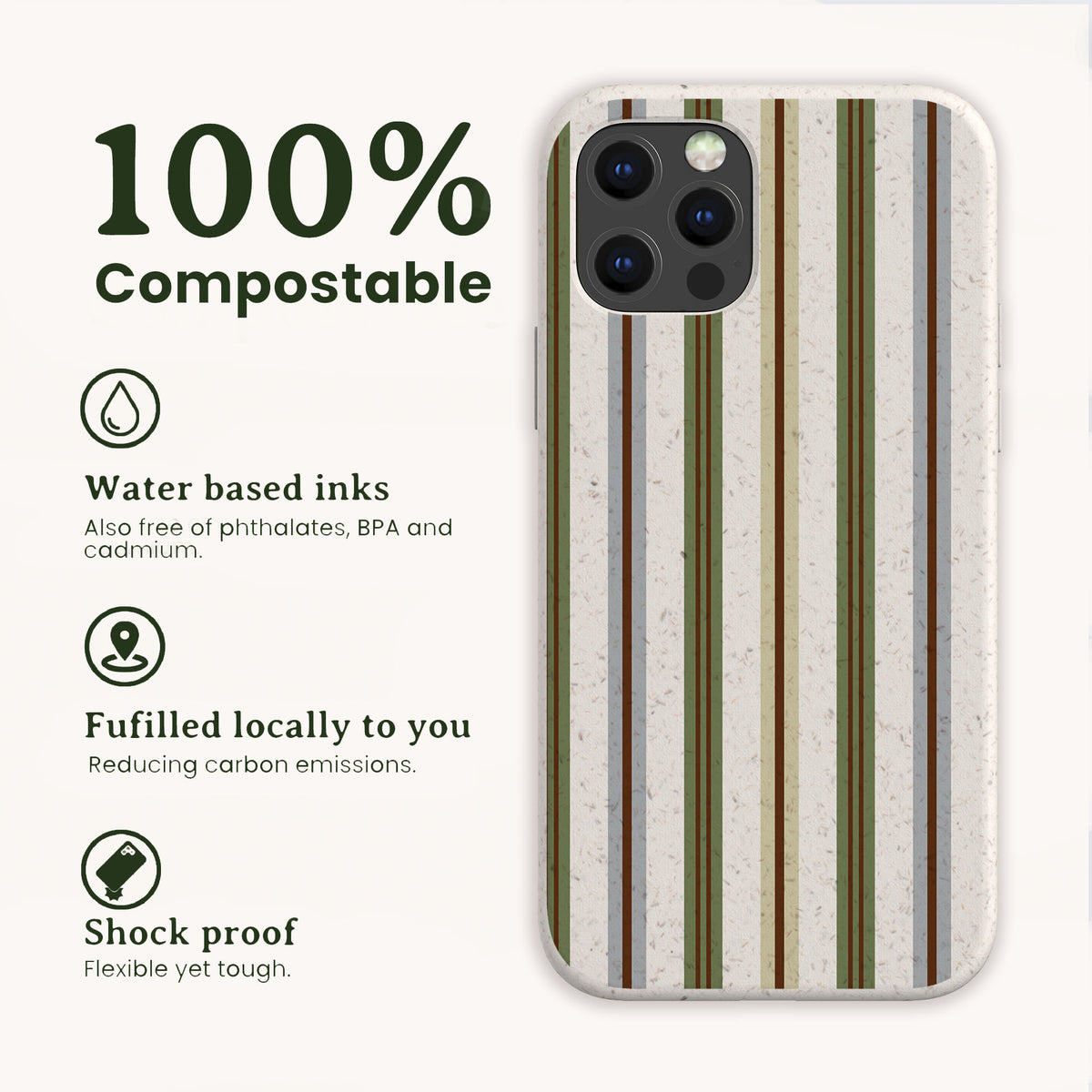 Heritage Multistripe Eco-Friendly Biodegradable Phone Case with a vertical striped pattern, 100% compostable, made with water-based inks, fulfilled locally, and shock proof.