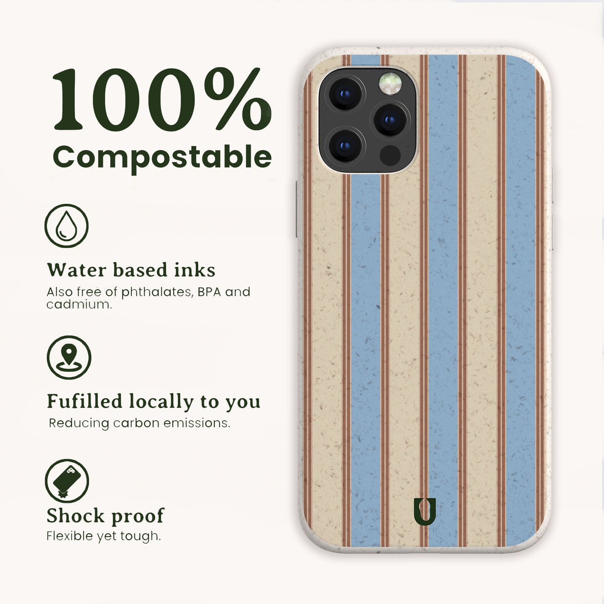 Butter and Sky Stripe Eco-Friendly Biodegradable Phone Case with a vertical light blue and tan striped pattern, accompanied by text highlighting its water-based ink, local fulfillment, and shock-proof design.