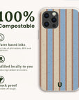 Butter and Sky Stripe Eco-Friendly Biodegradable Phone Case with a vertical light blue and tan striped pattern, accompanied by text highlighting its water-based ink, local fulfillment, and shock-proof design.