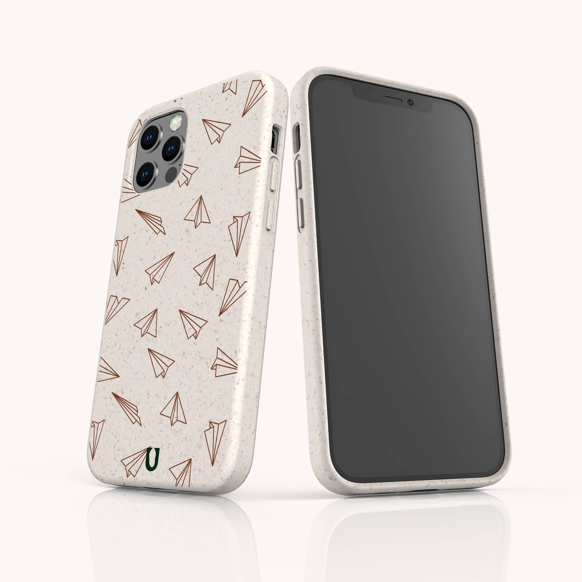 White Paper Planes compostable phone case on iPhone 14 highlighting subtle white plane motif and plant-based construction.