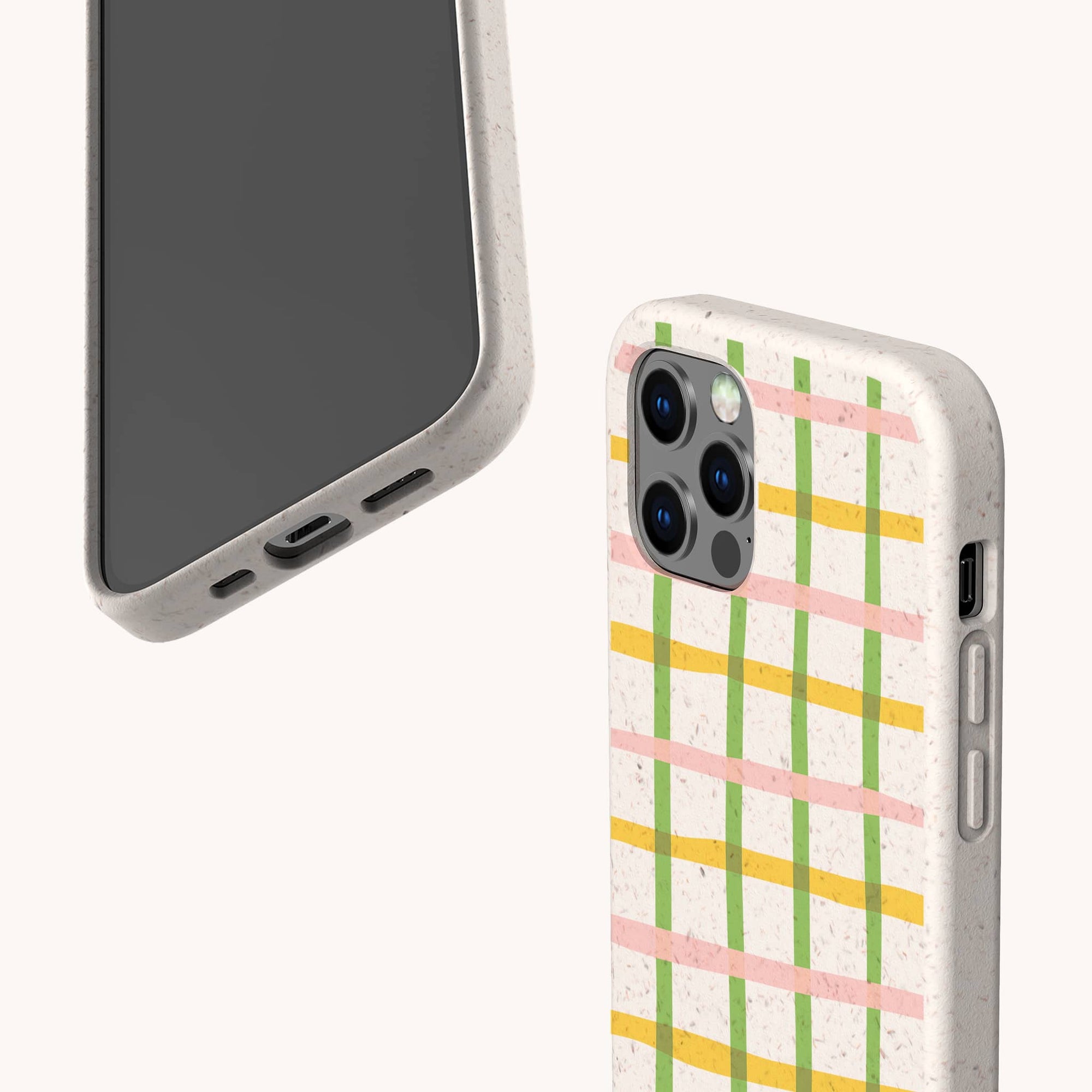 Pastel Checker biodegradable phone case displayed on Samsung Galaxy S24 with minimalist checker pattern and plant-based material.