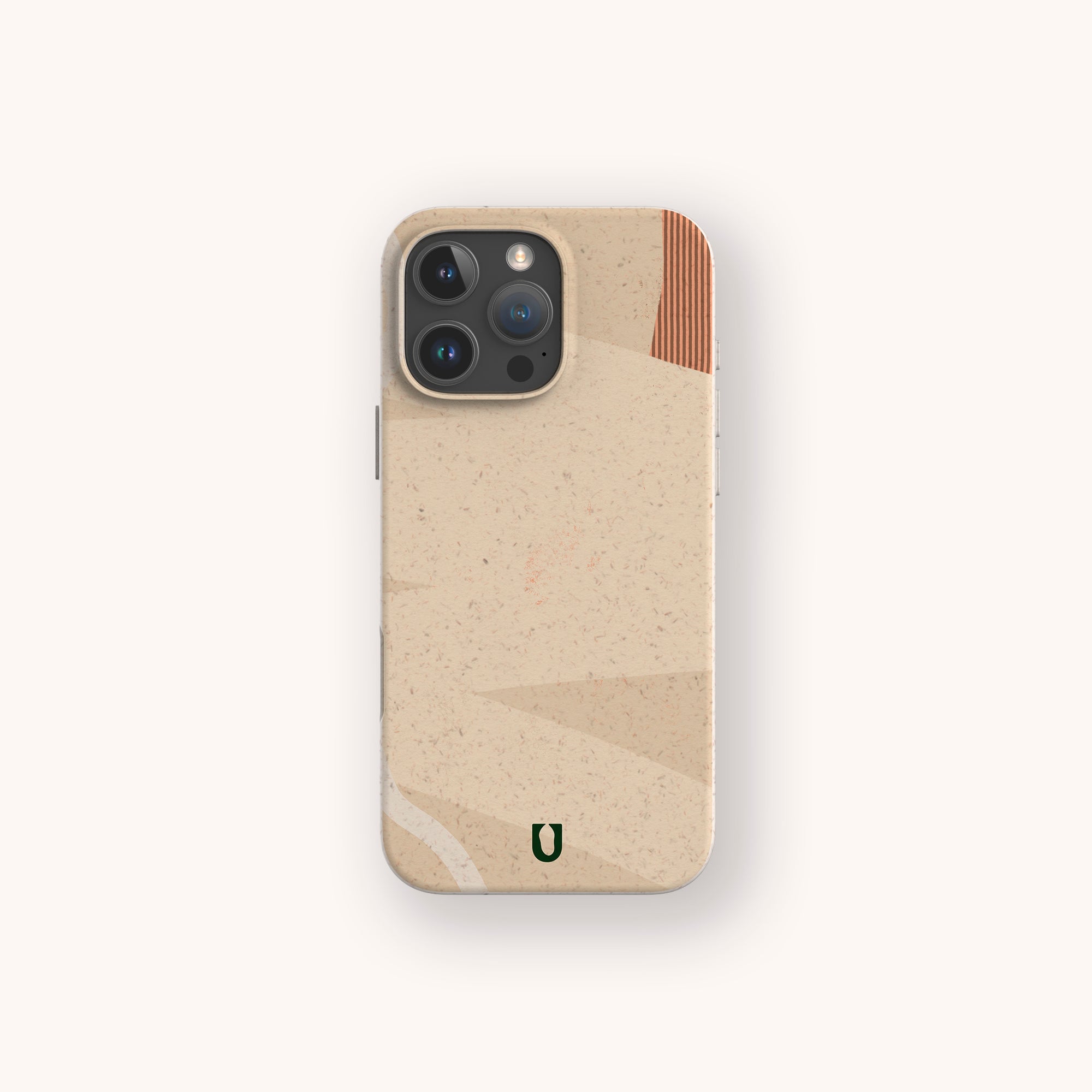 The Peachy Abstract Lines Biodegradable Phone Case boasts a minimalist, eco-friendly design in beige and brown with abstract geometric patterns, featuring the letter "U" at the bottom center. Crafted from biodegradable materials, it is displayed on a smartphone equipped with three camera lenses.