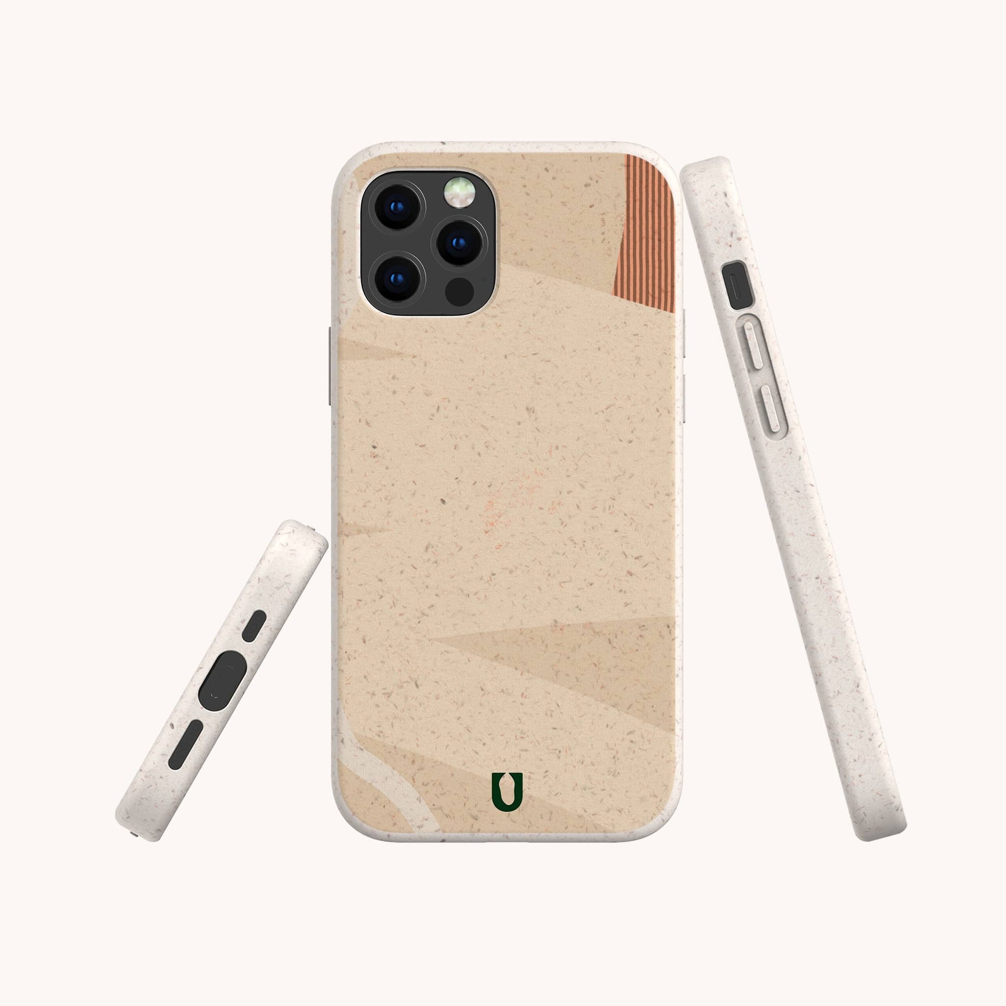 Introducing the Peachy Abstract Lines Biodegradable Phone Case, an eco-friendly option that features a minimalist design in beige and brown tones. It is displayed from four angles to highlight its sleek form, button cutouts, and camera protection.