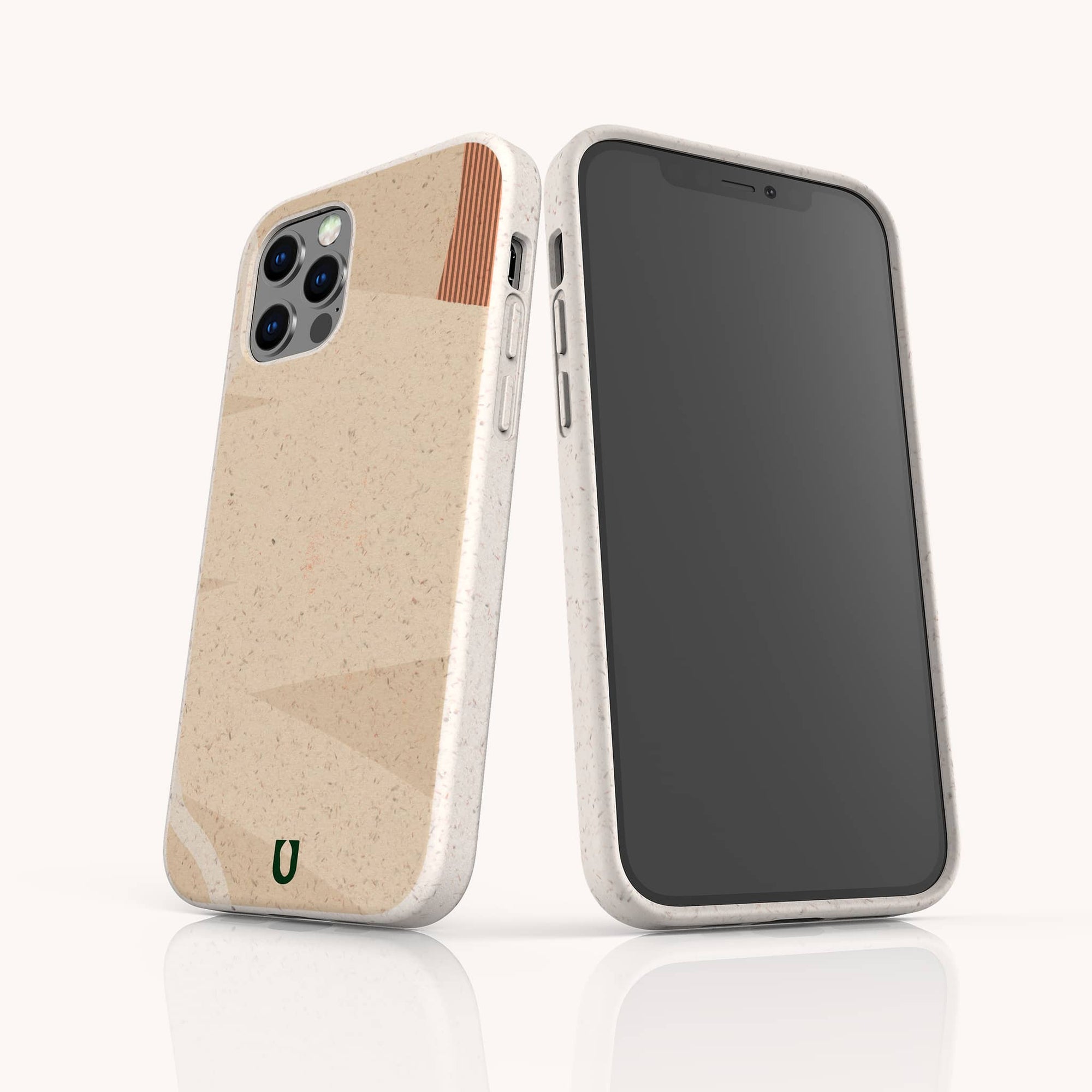 Two smartphones are displayed; one showcasing the front screen, while the other highlights the back, adorned with the Peachy Abstract Lines Biodegradable Phone Case. This case is beige and features a subtle geometric design along with three camera lens cutouts. It sports a minimalist logo at the bottom and is crafted from eco-friendly materials, all set against a neutral off-white background.