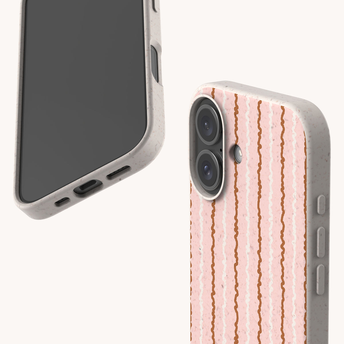 Two views of the Pink Squiggle Stripe Eco-Friendly Biodegradable Phone Case, featuring a pattern of vertical pink and white squiggle stripes on a speckled, off-white base.