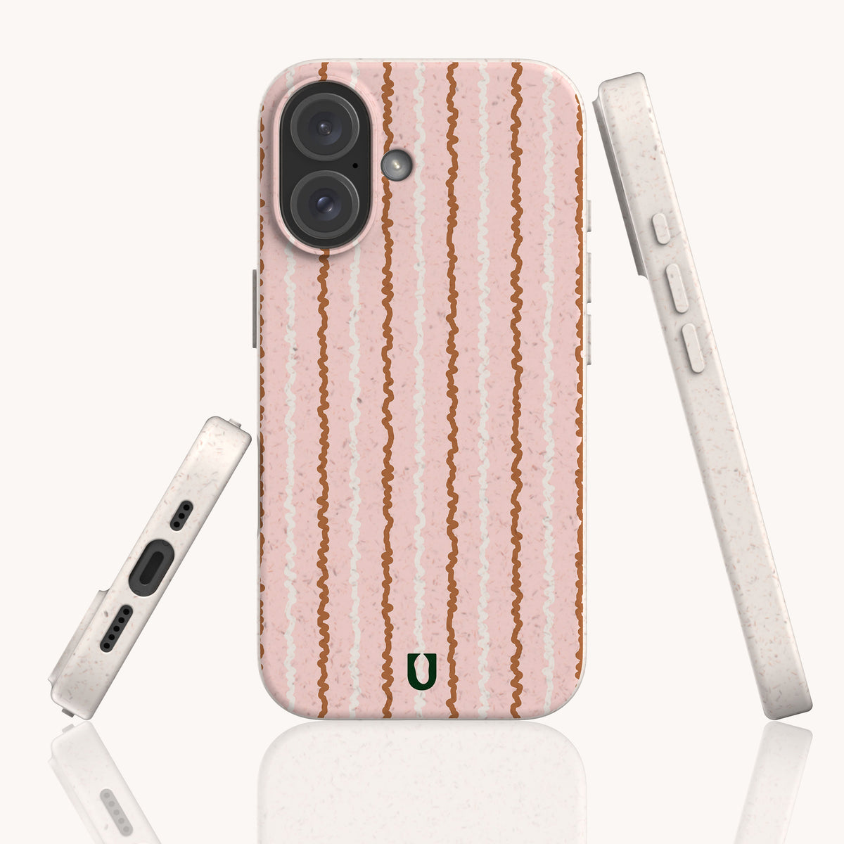 Pink Squiggle Stripe Eco-Friendly Biodegradable Phone Case shown from back and side angles, featuring a light pink background with vertical, hand-drawn brown and white squiggly stripes.