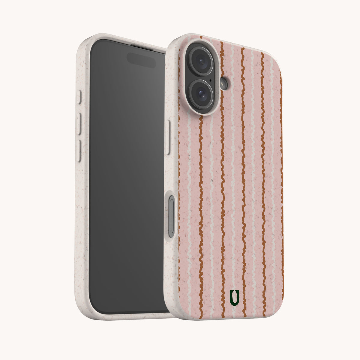 A Pink Squiggle Stripe Eco-Friendly Biodegradable Phone Case with a speckled design featuring vertical pink and brown squiggle stripes.
