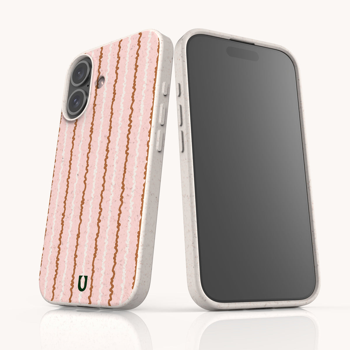 Front and back views of a Pink Squiggle Stripe Eco-Friendly Biodegradable Phone Case with a light pink surface, vertical wavy brown stripes, and a speckled, off-white frame.