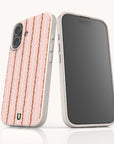 Front and back views of a Pink Squiggle Stripe Eco-Friendly Biodegradable Phone Case with a light pink surface, vertical wavy brown stripes, and a speckled, off-white frame.