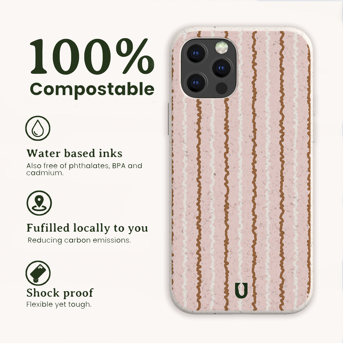 Pink Squiggle Stripe Eco-Friendly Biodegradable Phone Case with speckled, pink and brown vertical squiggle stripes, featuring highlights for its compostable material, water-based ink, local fulfillment, and shock-proof design.