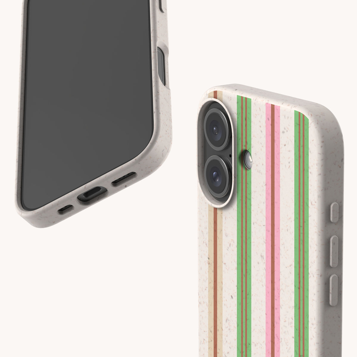 Pistachio Garden Stripe Eco-Friendly Biodegradable Phone Case with a speckled, light-colored base and vertical stripes in shades of green, pink, and brown.