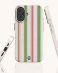 Three views of a Pistachio Garden Stripe Eco-Friendly Biodegradable Phone Case, featuring a speckled, off-white design with vertical stripes in shades of pink, green, and tan.