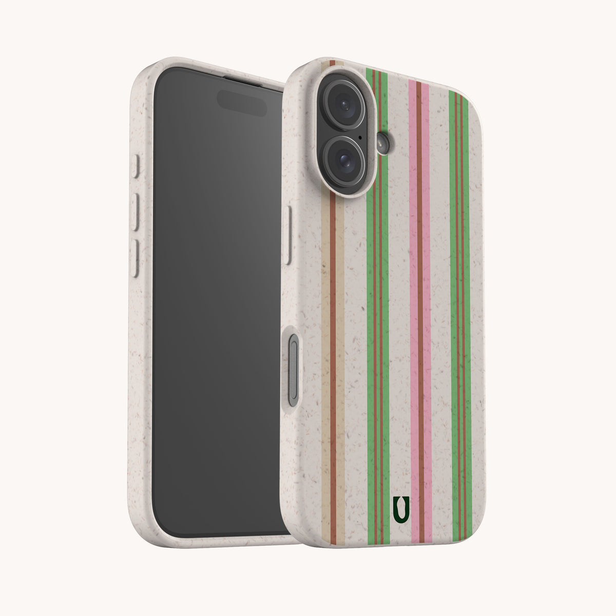Pistachio Garden Stripe Eco-Friendly Biodegradable Phone Case in speckled off-white featuring vertical stripes in shades of green, pink, and tan.