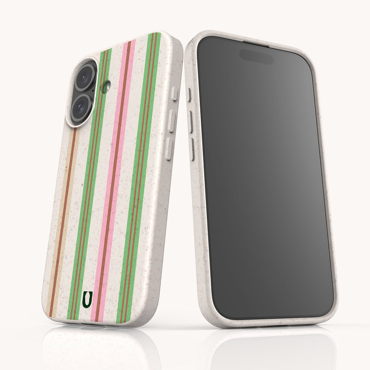 Two Pistachio Garden Stripe Eco-Friendly Biodegradable Phone cases, one showing the back with green and pink vertical stripes on a speckled off-white background, and the other showing the empty front screen.