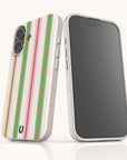 Two Pistachio Garden Stripe Eco-Friendly Biodegradable Phone cases, one showing the back with green and pink vertical stripes on a speckled off-white background, and the other showing the empty front screen.