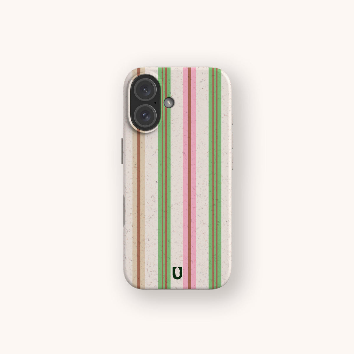 Pistachio Garden Stripe Eco-Friendly Biodegradable Phone Case featuring a vertical striped pattern in shades of green, pink, and brown on a speckled cream background.
