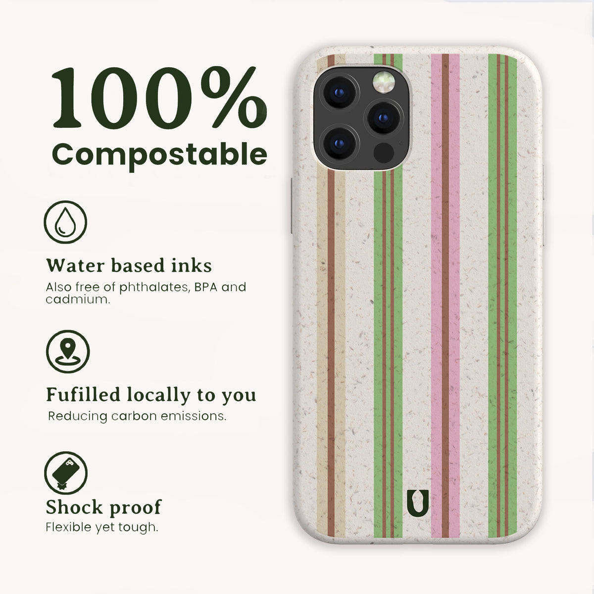Pistachio Garden Stripe Eco-Friendly Biodegradable Phone Case with a speckled light tan base and vertical green, pink, and brown stripes, shown with icons for compostable materials, water-based inks, local fulfillment, and shock-proof construction.