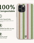 Pistachio Garden Stripe Eco-Friendly Biodegradable Phone Case with a speckled light tan base and vertical green, pink, and brown stripes, shown with icons for compostable materials, water-based inks, local fulfillment, and shock-proof construction.