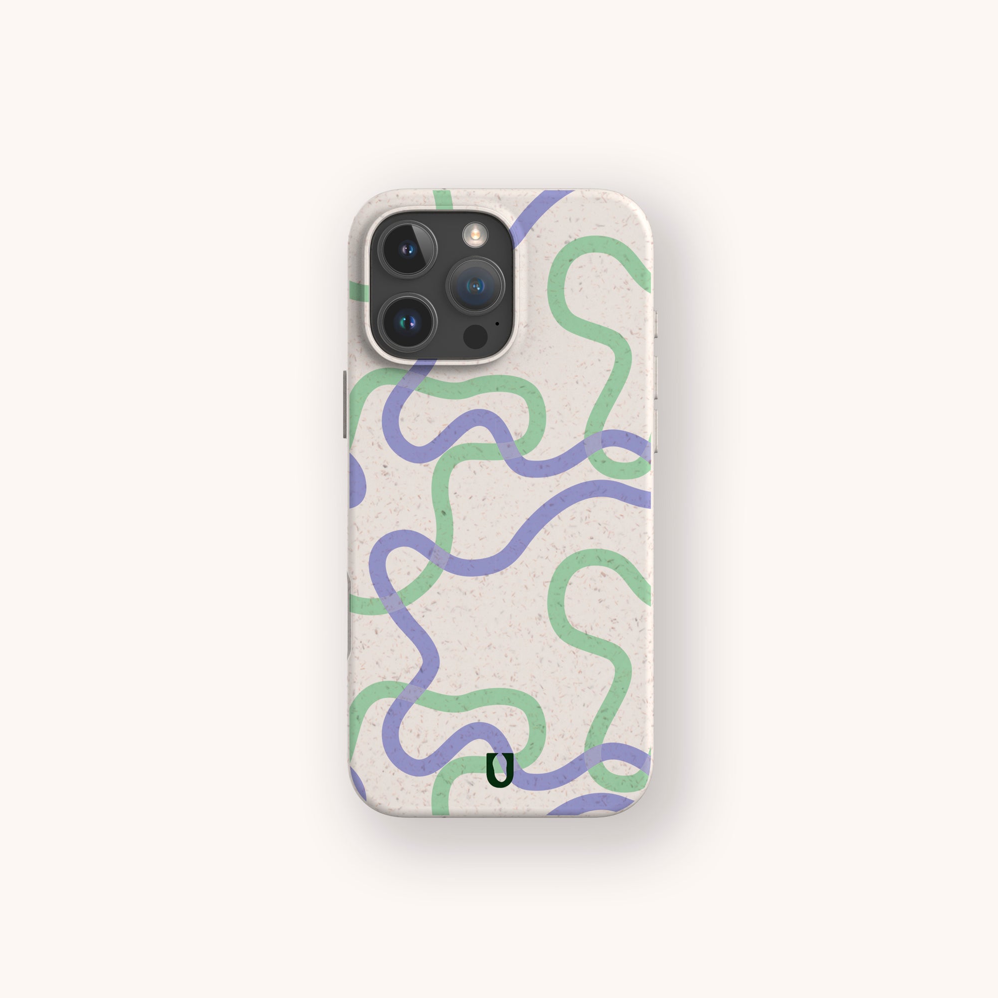 Purple and Green Swirls biodegradable phone case on iPhone 17 with colourful swirl pattern and matte eco-friendly texture.