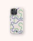 Purple and Green Swirls biodegradable phone case on iPhone 17 with colourful swirl pattern and matte eco-friendly texture.