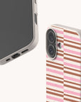 Rose Bar Stripe Eco-Friendly Biodegradable Phone Case shown from the front and back, featuring a speckled, off-white base with a pattern of alternating horizontal pink and brown stripes.