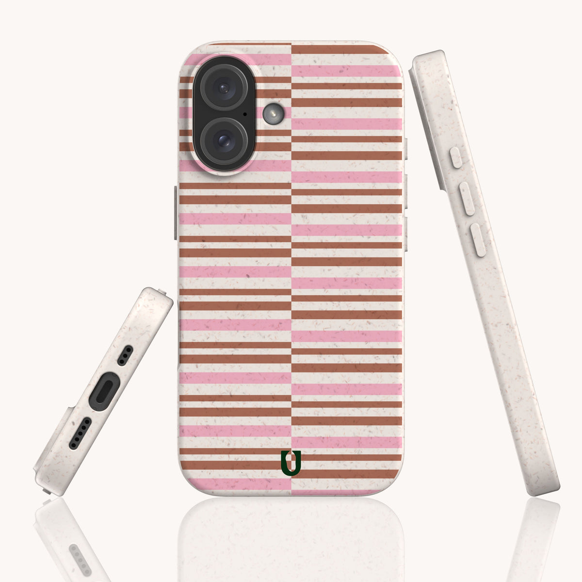 Three views of the Rose Bar Stripe Eco-Friendly Biodegradable Phone Case, featuring a speckled, off-white base with horizontal pink and brown stripes split down the center.