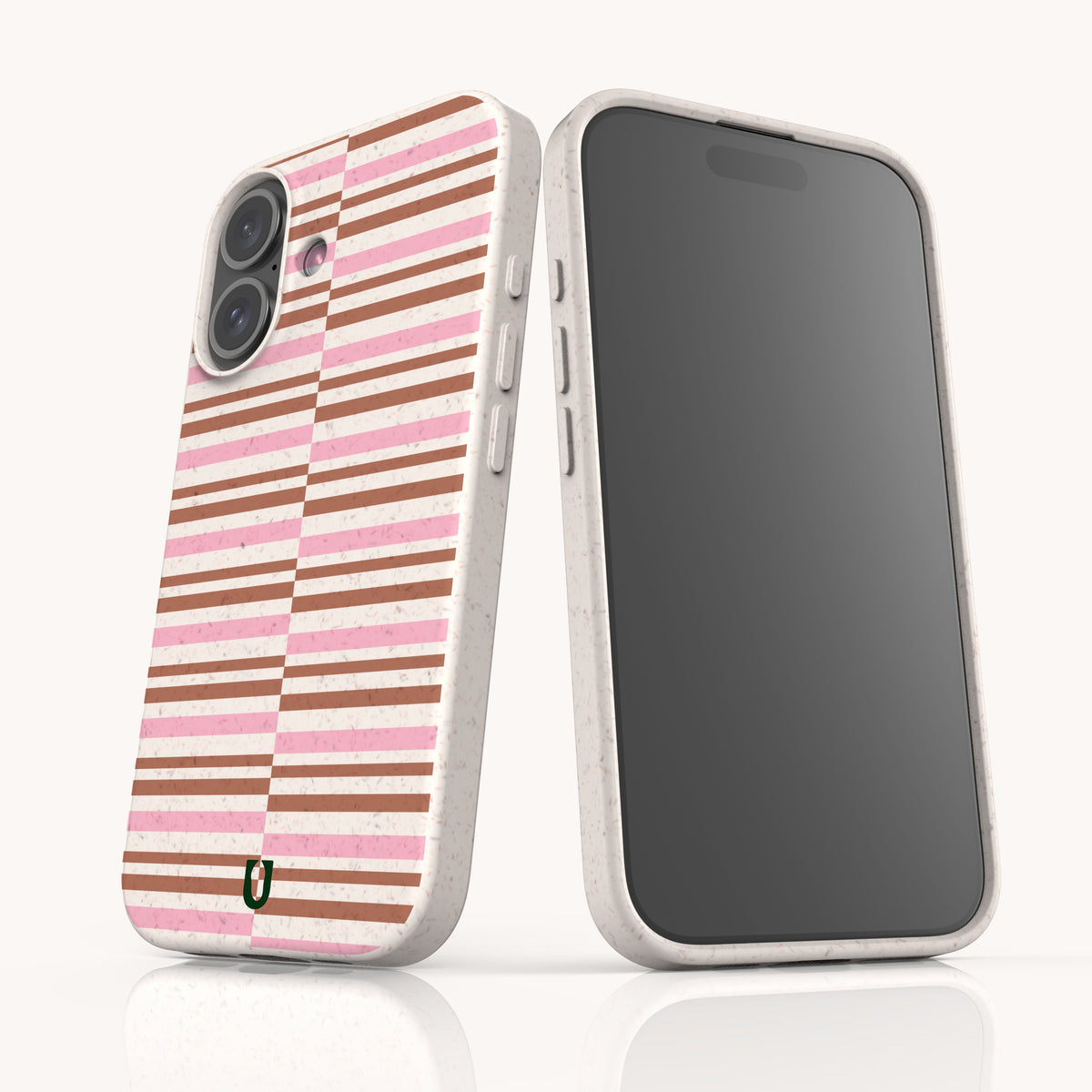 Two views of a Rose Bar Stripe Eco-Friendly Biodegradable Phone Case, a speckled, compostable case featuring a pattern of alternating horizontal pink and brown stripes.