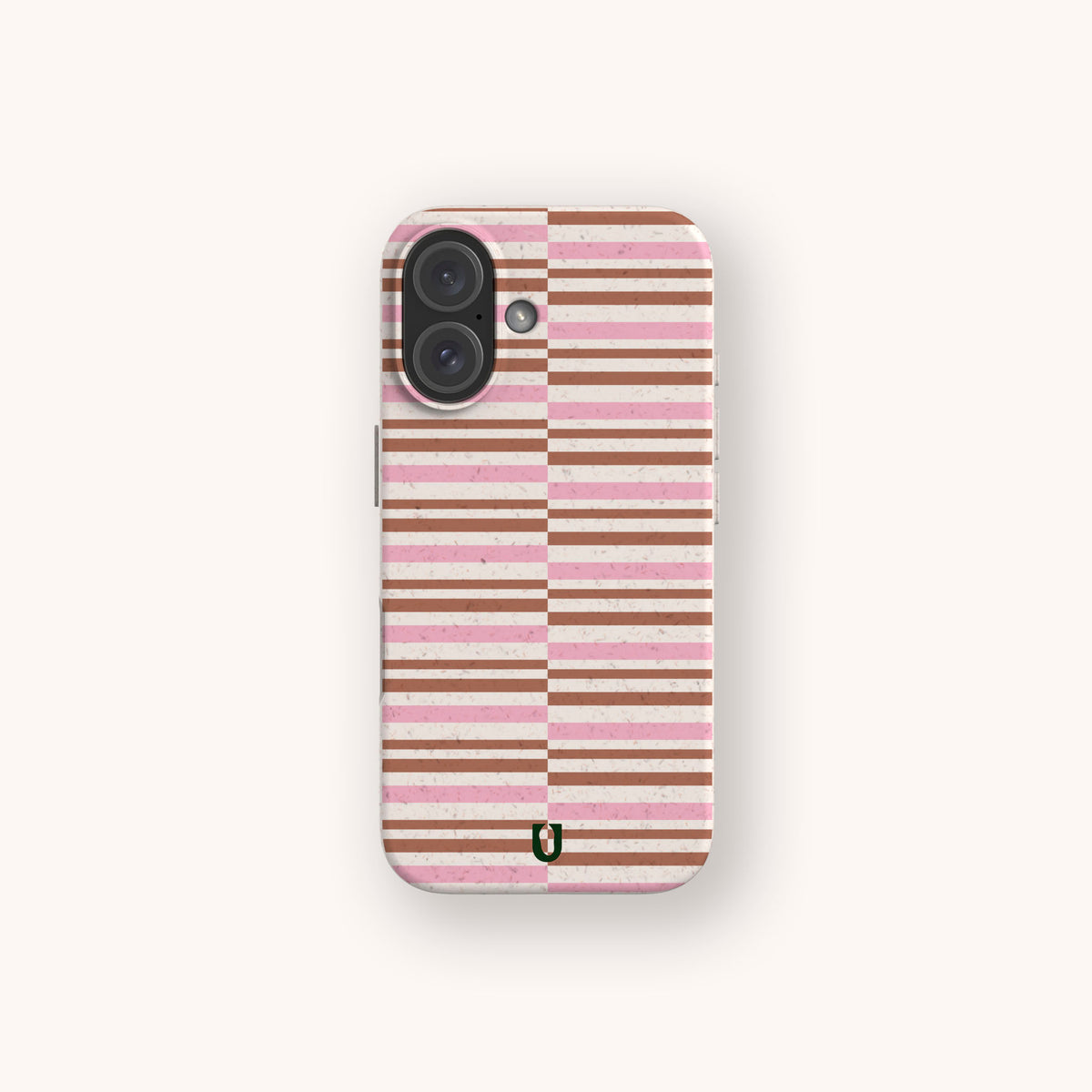 Rose Bar Stripe Eco-Friendly Biodegradable Phone Case with a wireless charging compatible, split-screen design featuring horizontal pink and brown stripes against a speckled background.
