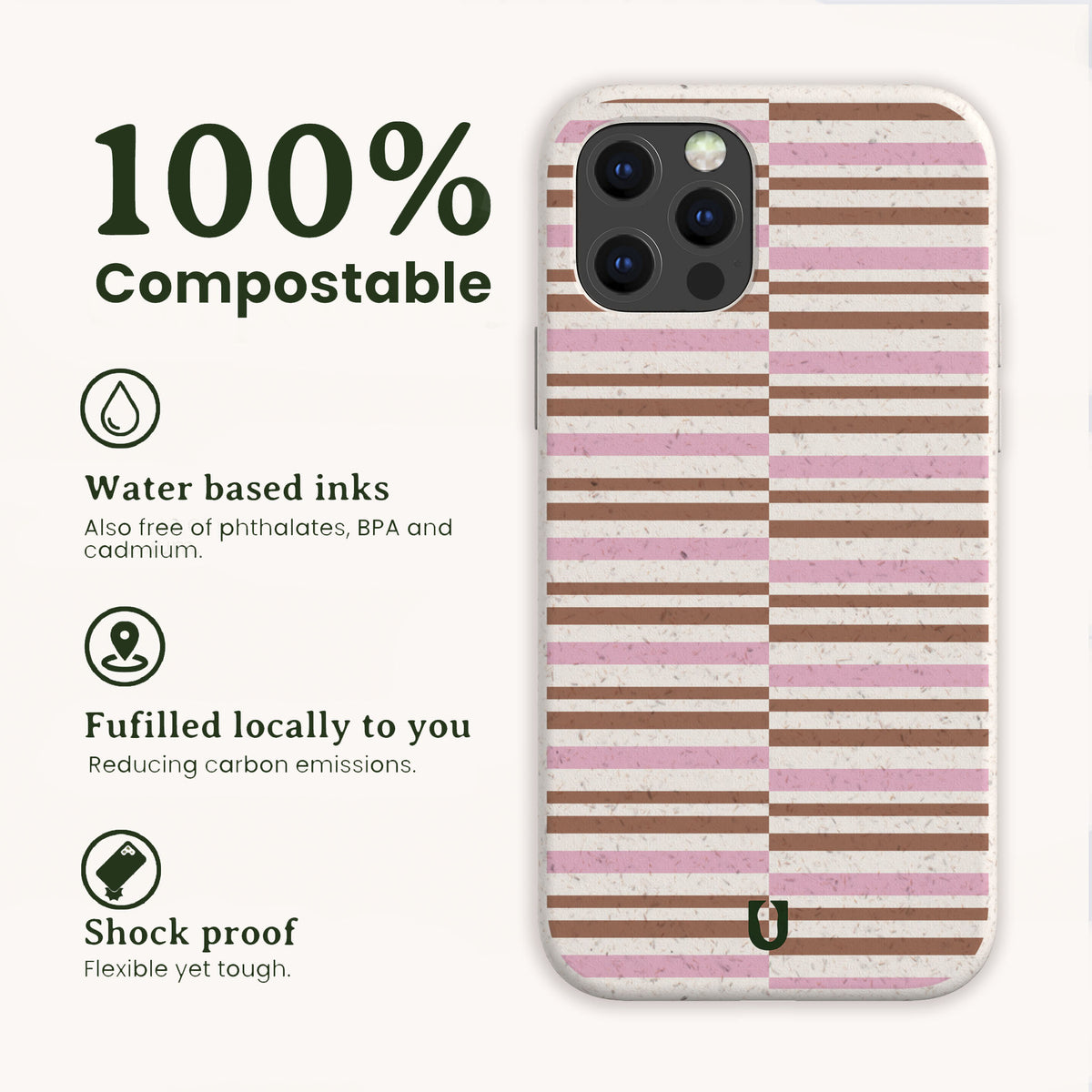 Rose Bar Stripe Eco-Friendly Biodegradable Phone Case featuring a pink and brown horizontal stripe pattern, water-based inks, local fulfillment, and a shock-proof, wireless charging compatible design.