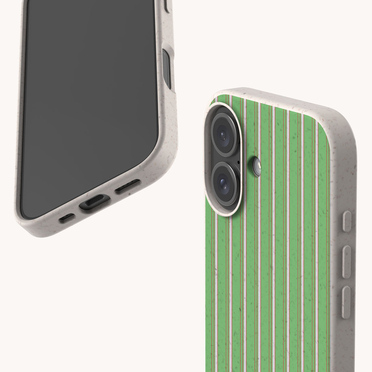 Two views of the Sage Pinstripe Eco-Friendly Biodegradable Phone Case featuring a green and white pinstripe pattern on a speckled, light-colored base.