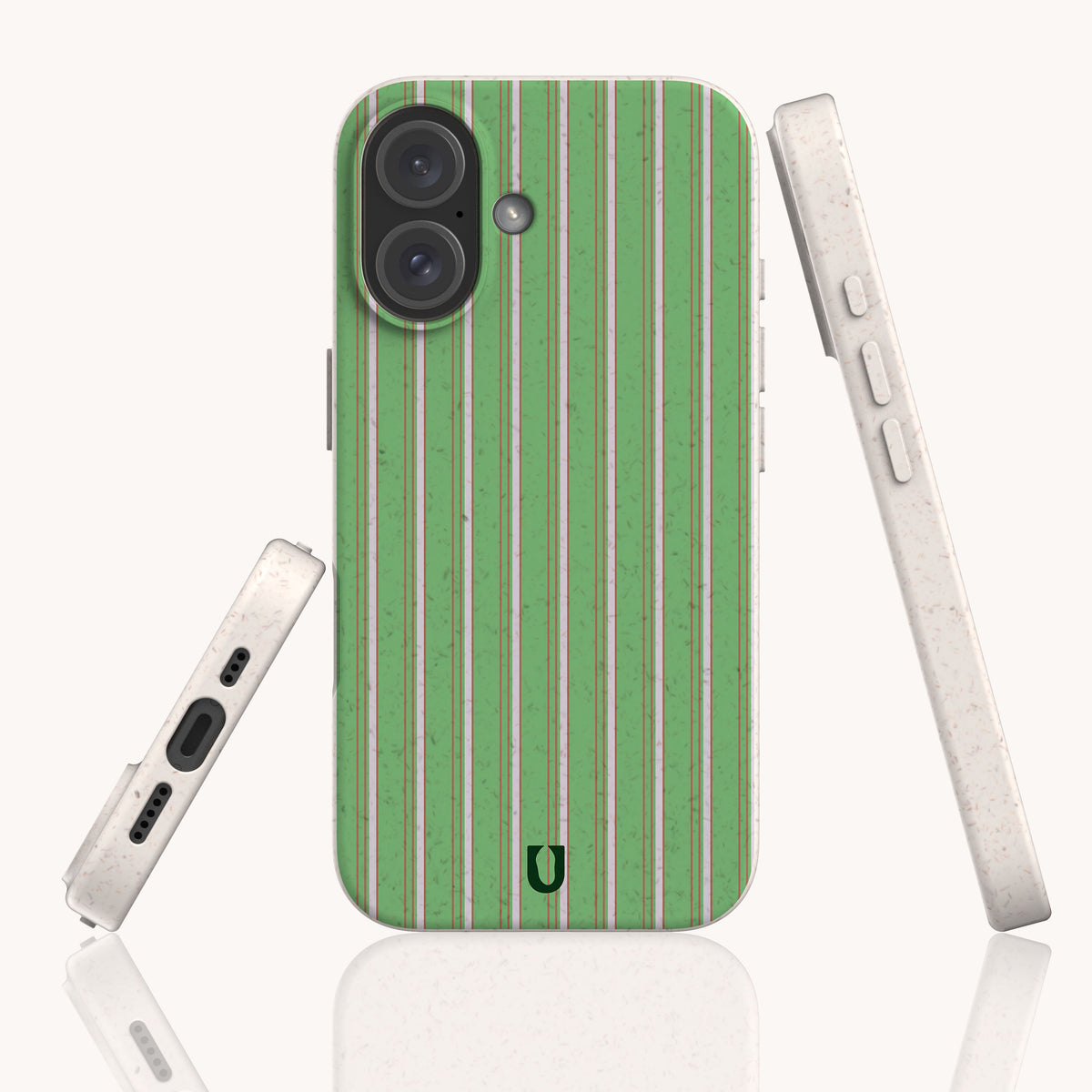 Three views of the Sage Pinstripe Eco-Friendly Biodegradable Phone Case, featuring a sage green surface with vertical white and pink pinstripes and a speckled, off-white frame.