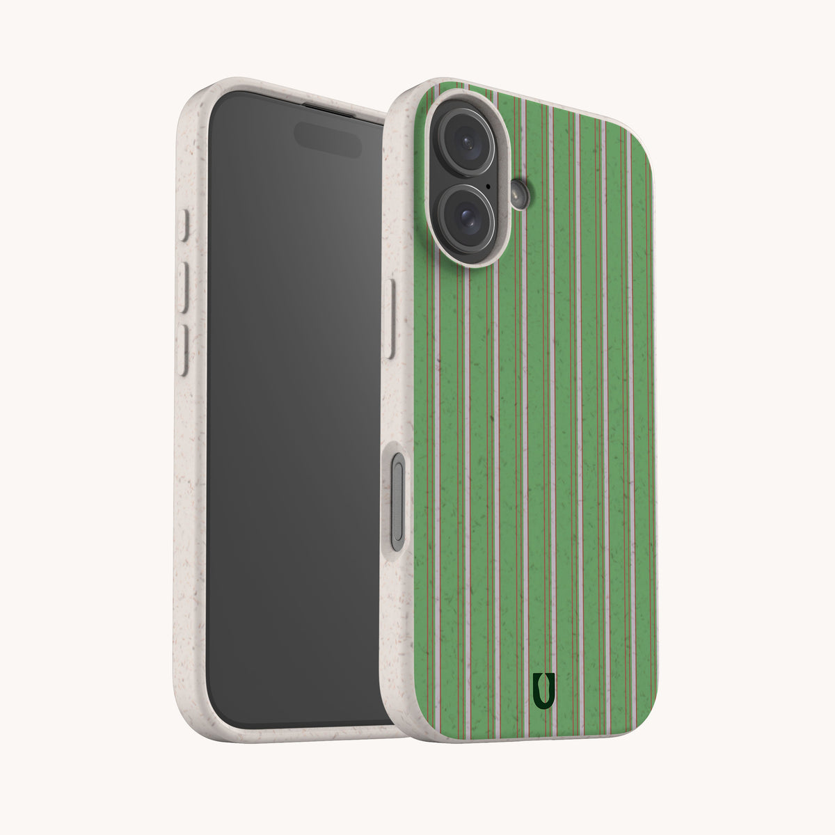 The Sage Pinstripe Eco-Friendly Biodegradable Phone Case features a green and white vertical pinstripe pattern on a speckled, light-colored base.