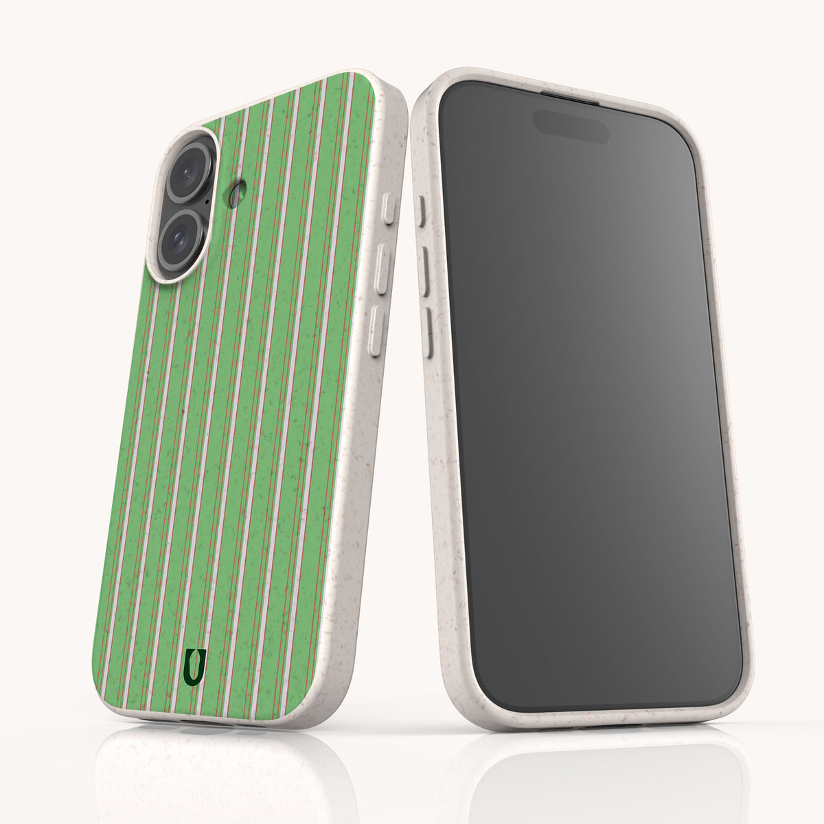 Two Sage Pinstripe Eco-Friendly Biodegradable Phone Case units featuring a textured, off-white speckled bamboo finish with a sage green and white pinstripe pattern.