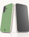Two Sage Pinstripe Eco-Friendly Biodegradable Phone Case units featuring a textured, off-white speckled bamboo finish with a sage green and white pinstripe pattern.