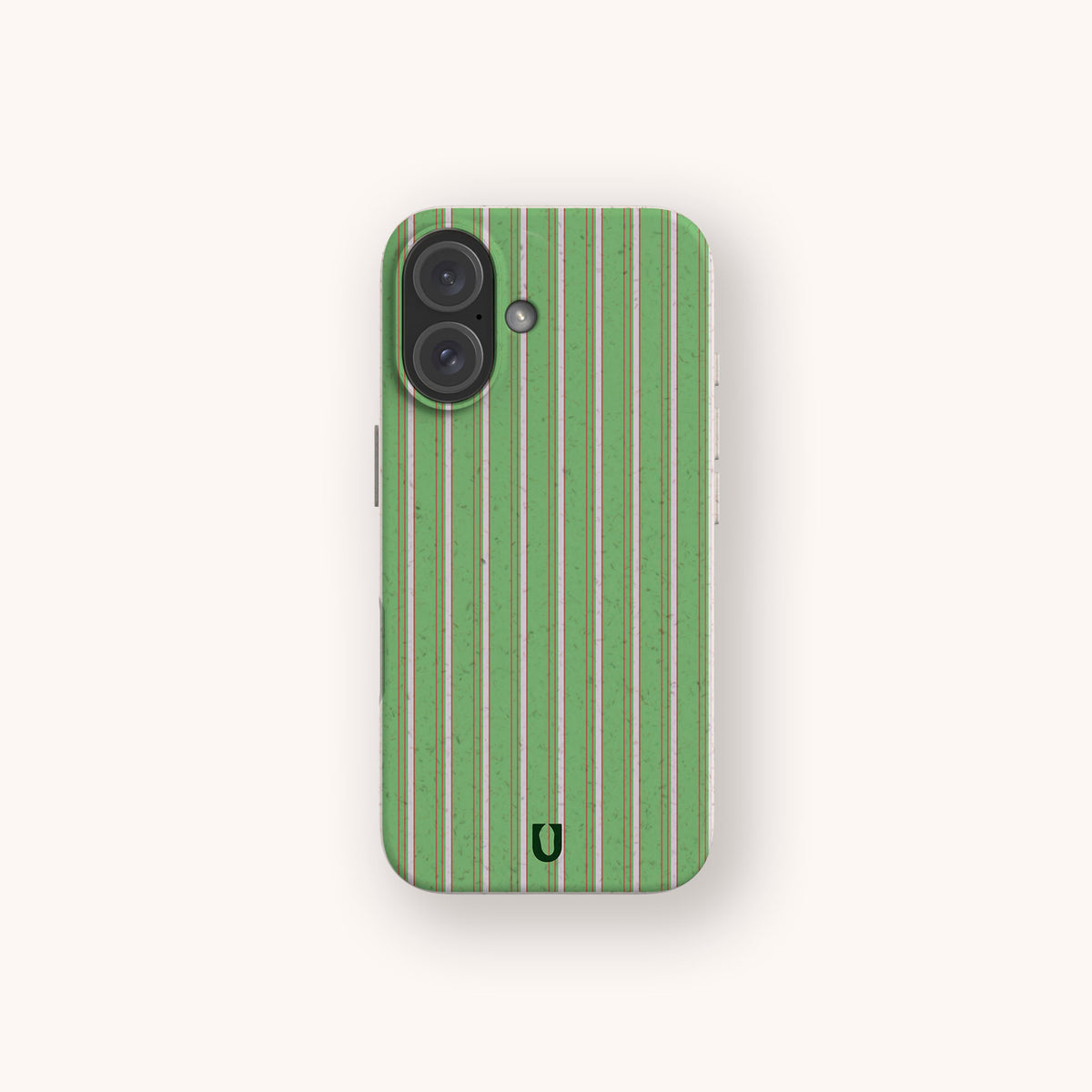 Sage Pinstripe Eco-Friendly Biodegradable Phone Case in light green with vertical white pinstripes and a small logo at the bottom.
