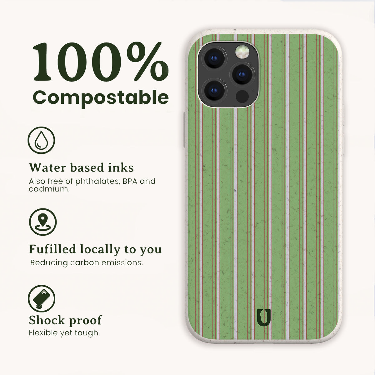 Sage Pinstripe Eco-Friendly Biodegradable Phone Case in sage green with white and brown pinstripes, featuring water-based inks, local fulfillment, and shockproof protection.