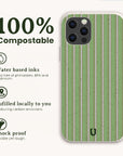 Sage Pinstripe Eco-Friendly Biodegradable Phone Case in sage green with white and brown pinstripes, featuring water-based inks, local fulfillment, and shockproof protection.
