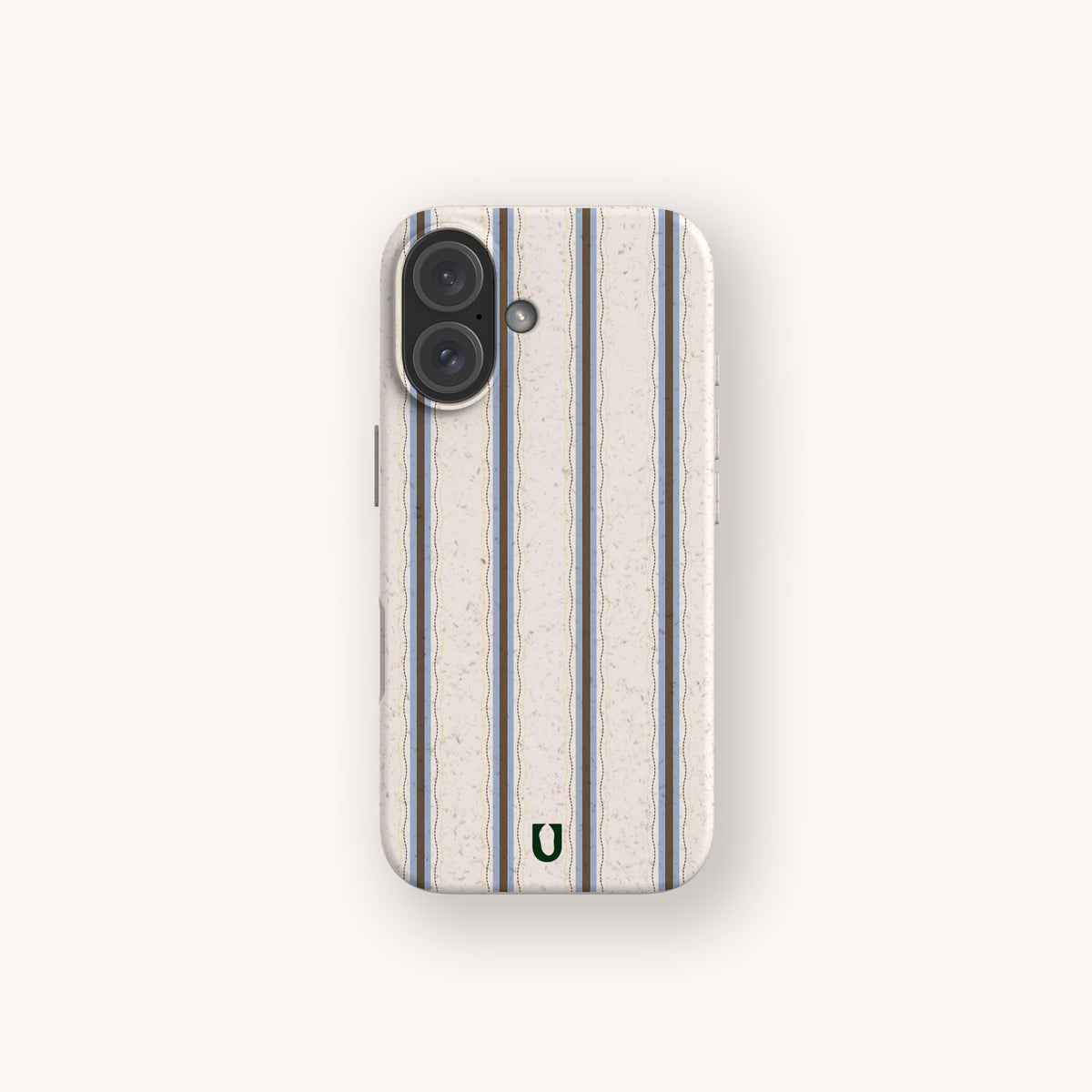 Sailor Stripe Eco-Friendly Biodegradable Phone Case in off-white with a vertical navy and light blue striped pattern and a small green U-shaped logo at the bottom.