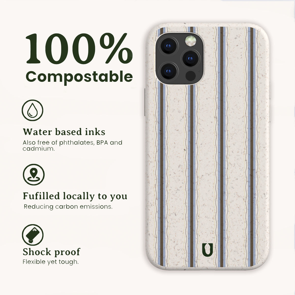 Sailor Stripe Eco-Friendly Biodegradable Phone Case featuring a blue and brown vertical stripe pattern, 100% compostable materials, water-based inks, local fulfillment, and a shock-proof design.