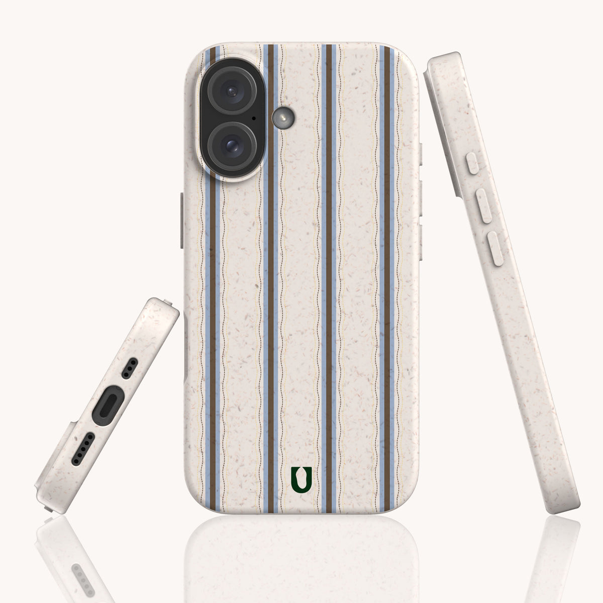 Three views of a speckled, off-white Sailor Stripe Eco-Friendly Biodegradable Phone Case featuring vertical blue and brown stripes and a small green logo at the bottom.
