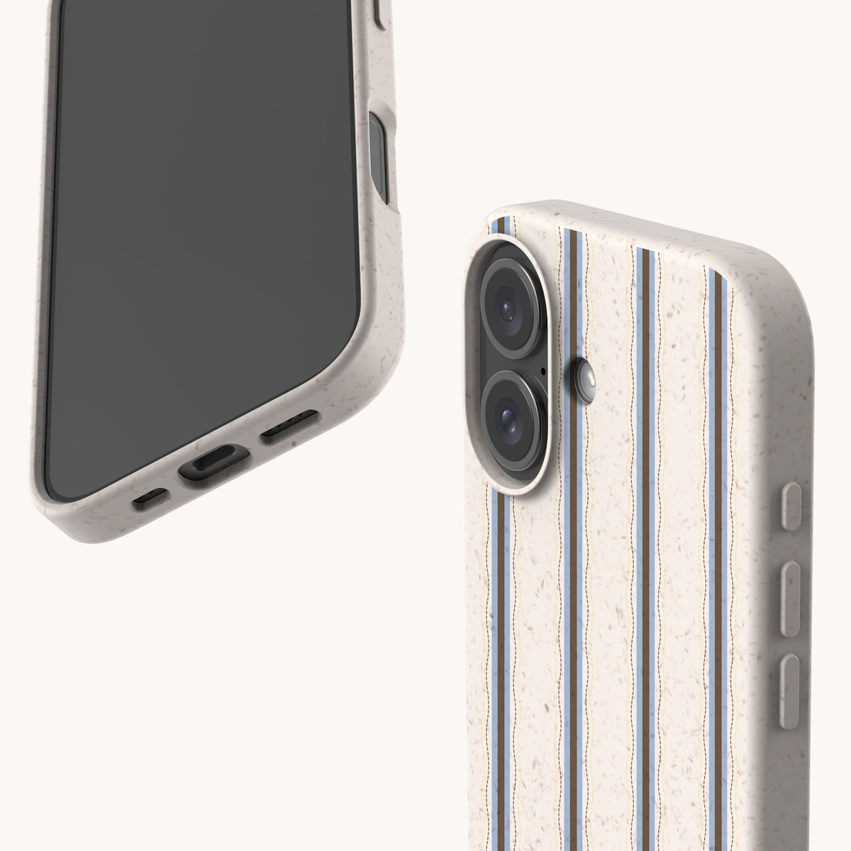 Two views of the Sailor Stripe Eco-Friendly Biodegradable Phone Case featuring a cream, blue, and dark brown vertical striped pattern with a speckled texture.