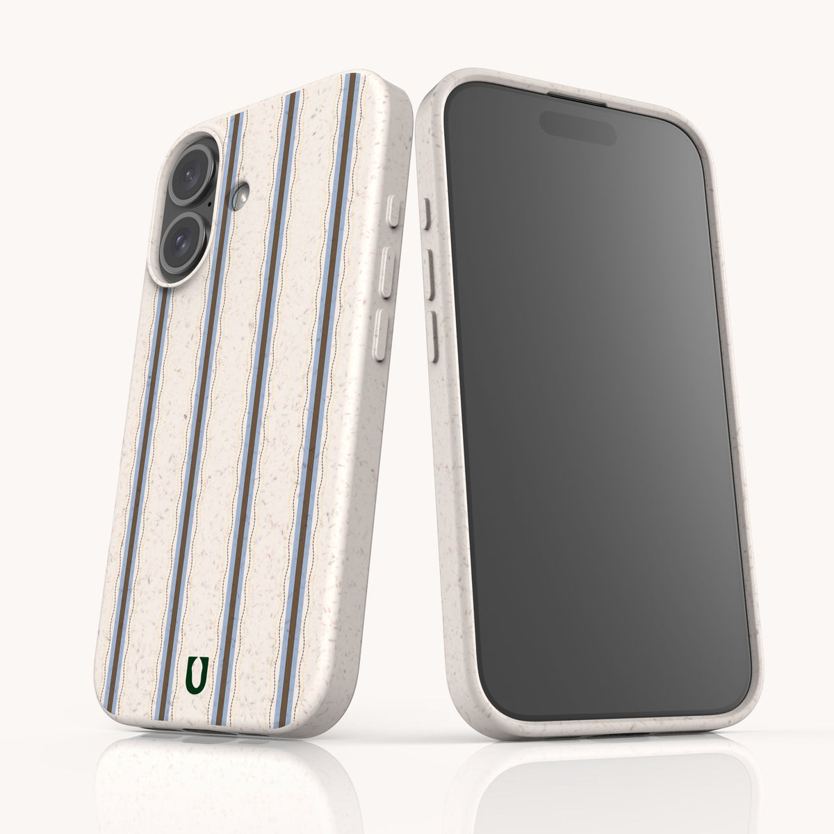Sailor Stripe Eco-Friendly Biodegradable Phone Case in off-white with a vertical blue and brown striped pattern, shown from the front and back.