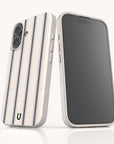 Sailor Stripe Eco-Friendly Biodegradable Phone Case in off-white with a vertical blue and brown striped pattern, shown from the front and back.
